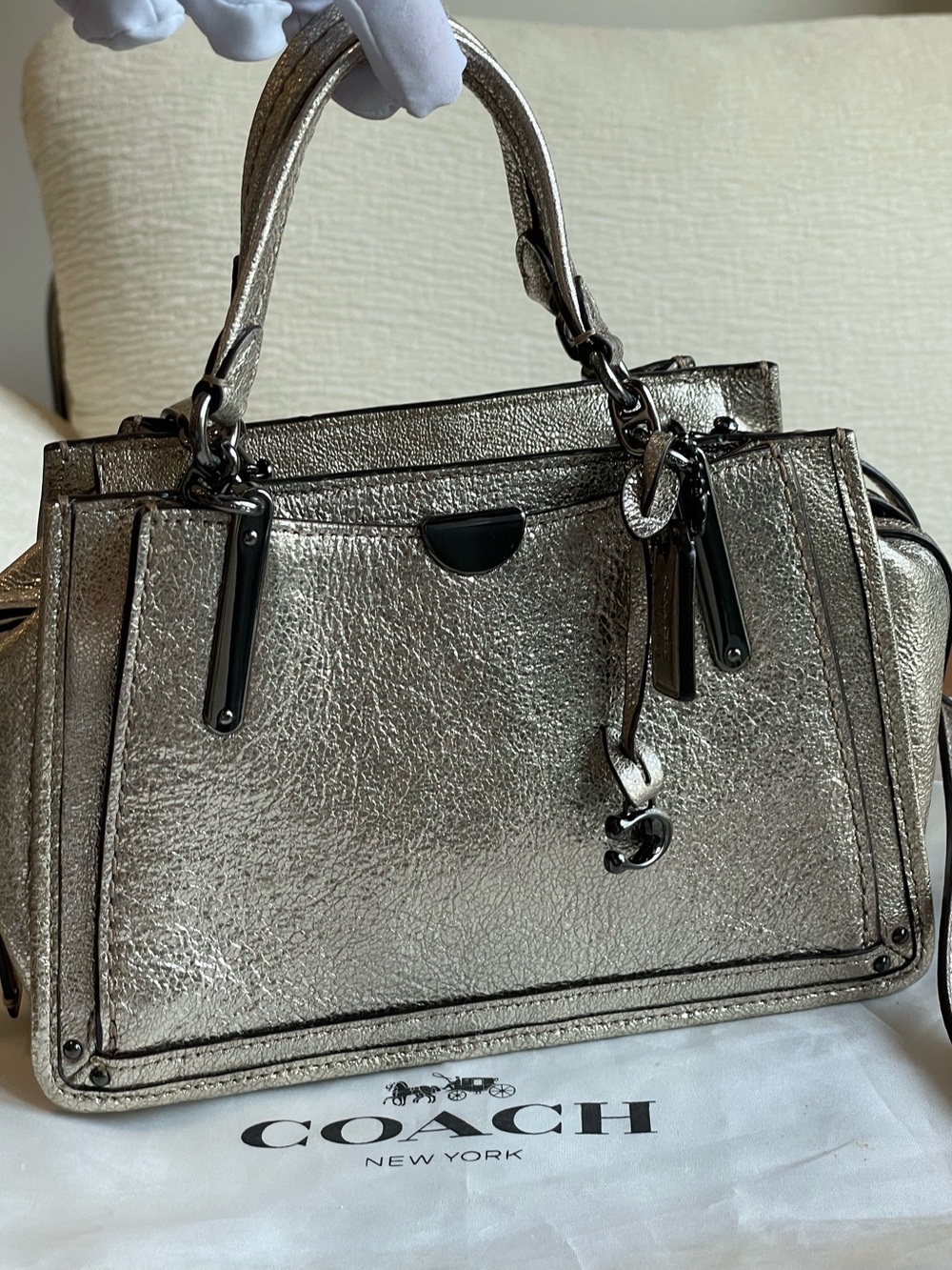 Coach Dreamer21 Metallic Gold Leather Satchel with Top Handles and Strap